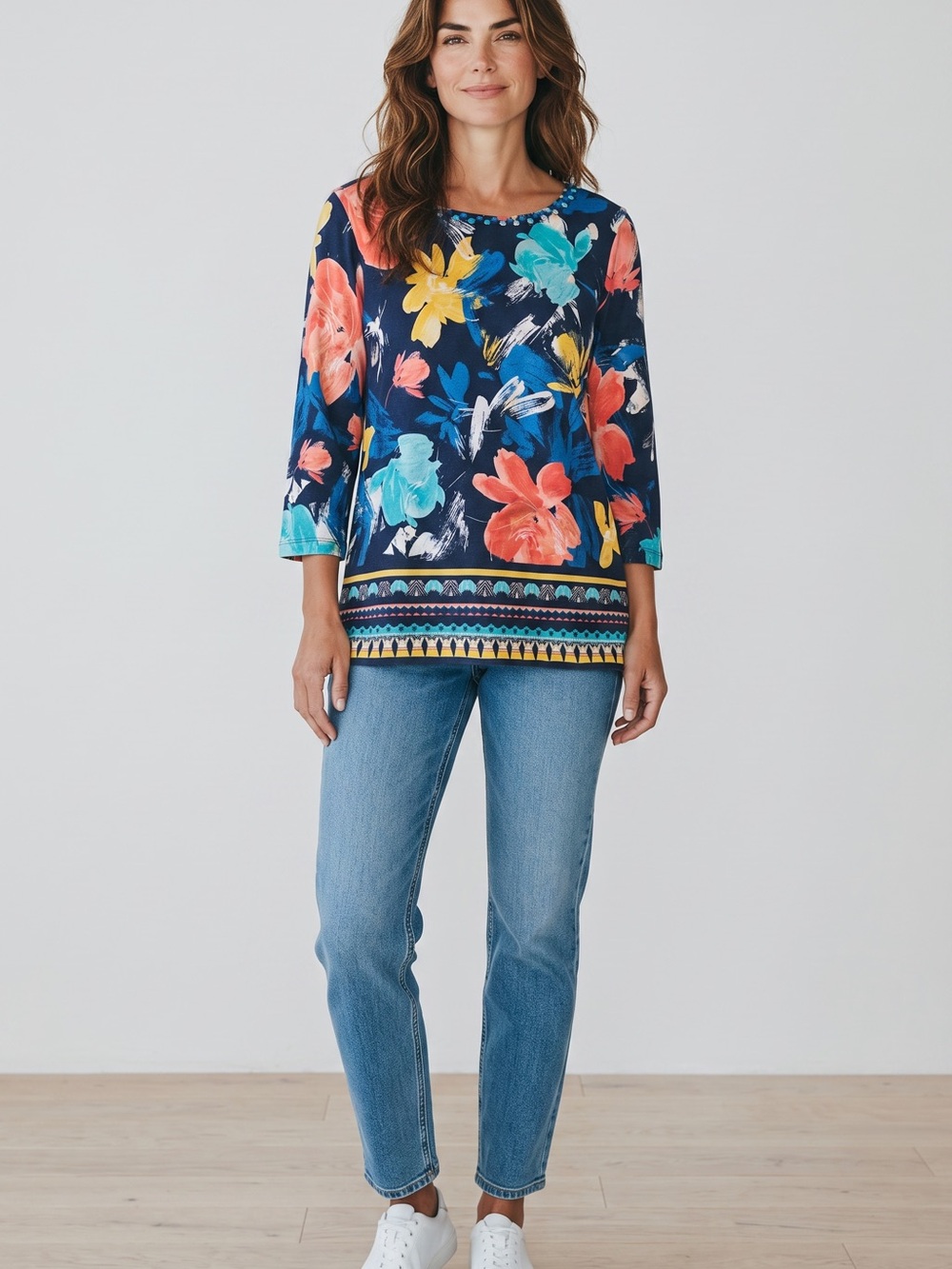 Ruby Rd. Navy Floral Border-Trim Long Sleeve Top 95% cotton